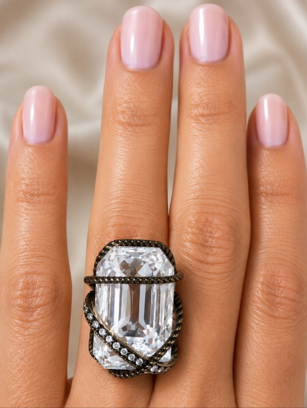 Emerald Cut Large Clear Stone Cocktail Ring Stretch Brass Tone Rhinestone Size 7